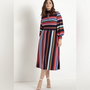 Eloquii Women's A-Line‎ Dress With Puff Sleeves Size Colorful Stripes